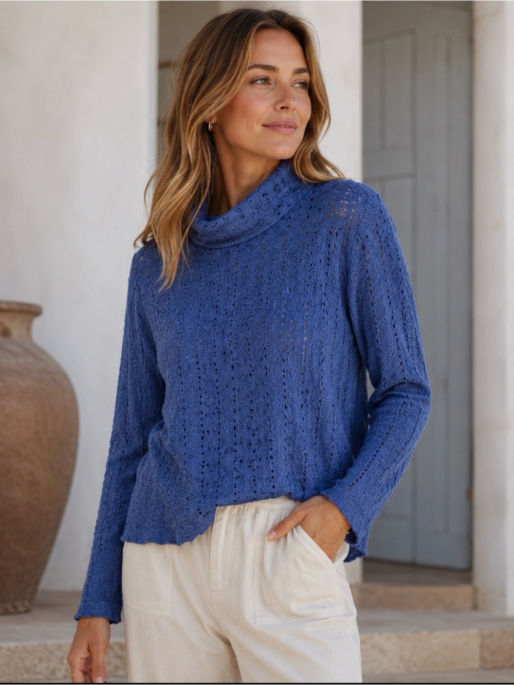 Ro & De Blue Open Knit Mock Neck Sweater XL Lightweight Boho Cotton Blend